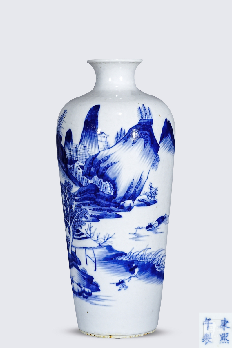清 青花山水人物诗文瓶 - 图1